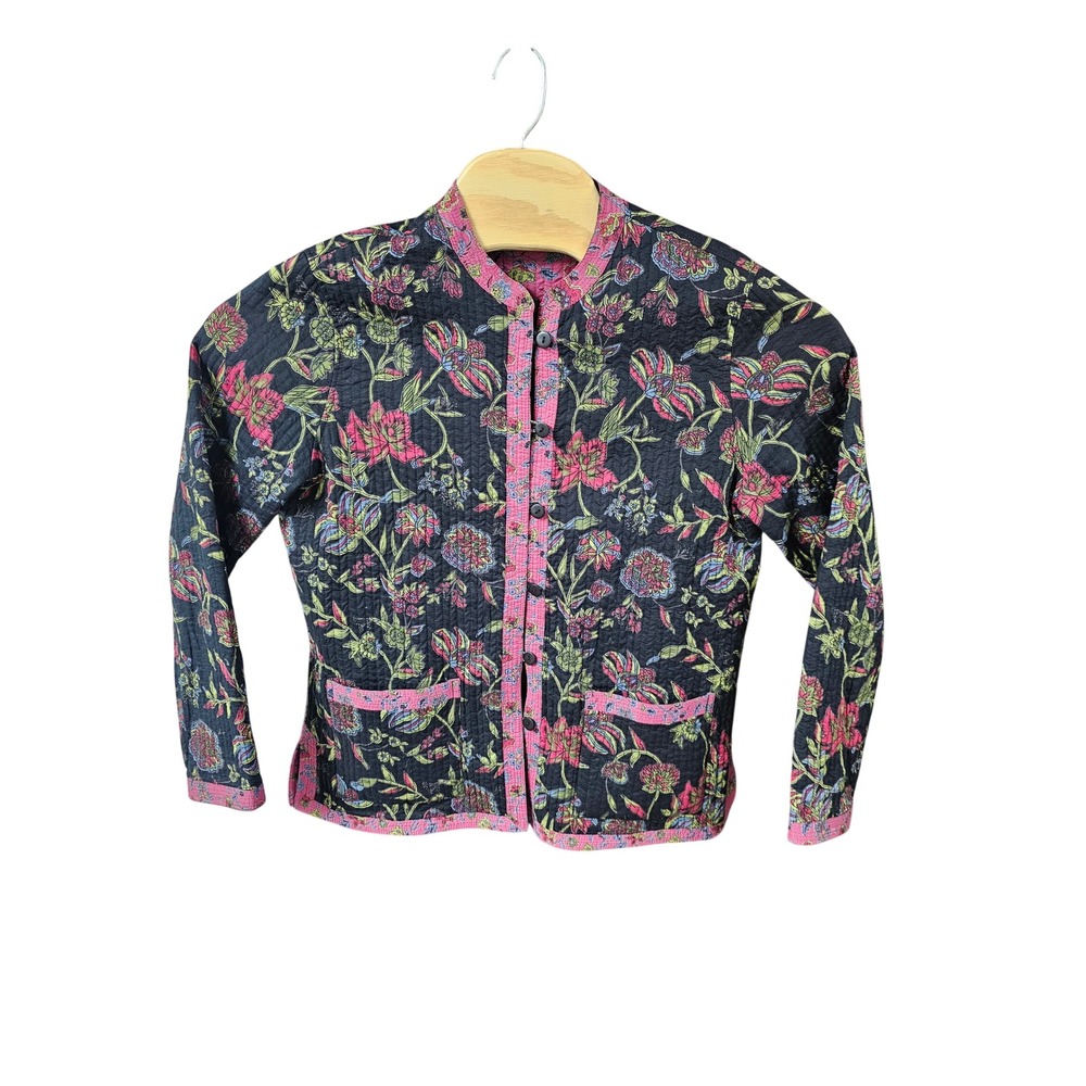 Reversible Quilted Floral Jacket Button Front Pink Black Botanical Coat